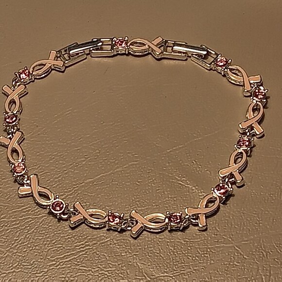 Avon Breast Cancer Crusade Pink Ribbon & Rhinestone Tennis Bracelet - NIOB - Picture 3 of 13